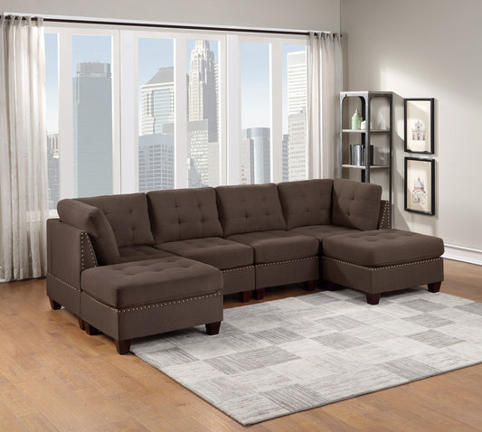 Modular Sectional Living Room Furniture Set: U-Sectional Tufted Nail heads Couch, Black Coffee Linen Like Fabric, 2x Corner Wedge, 2x Armless Chairs, 2x Ottomans