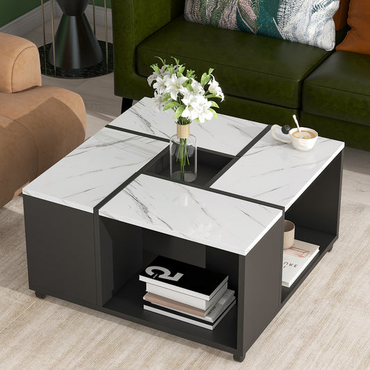 ON-TREND 2-layer Coffee Table w/ Casters, Square Cocktail Table w/ Removable Tray, UV High-gloss Marble Design Center Table for Living Room, 31.4”x 31.4”