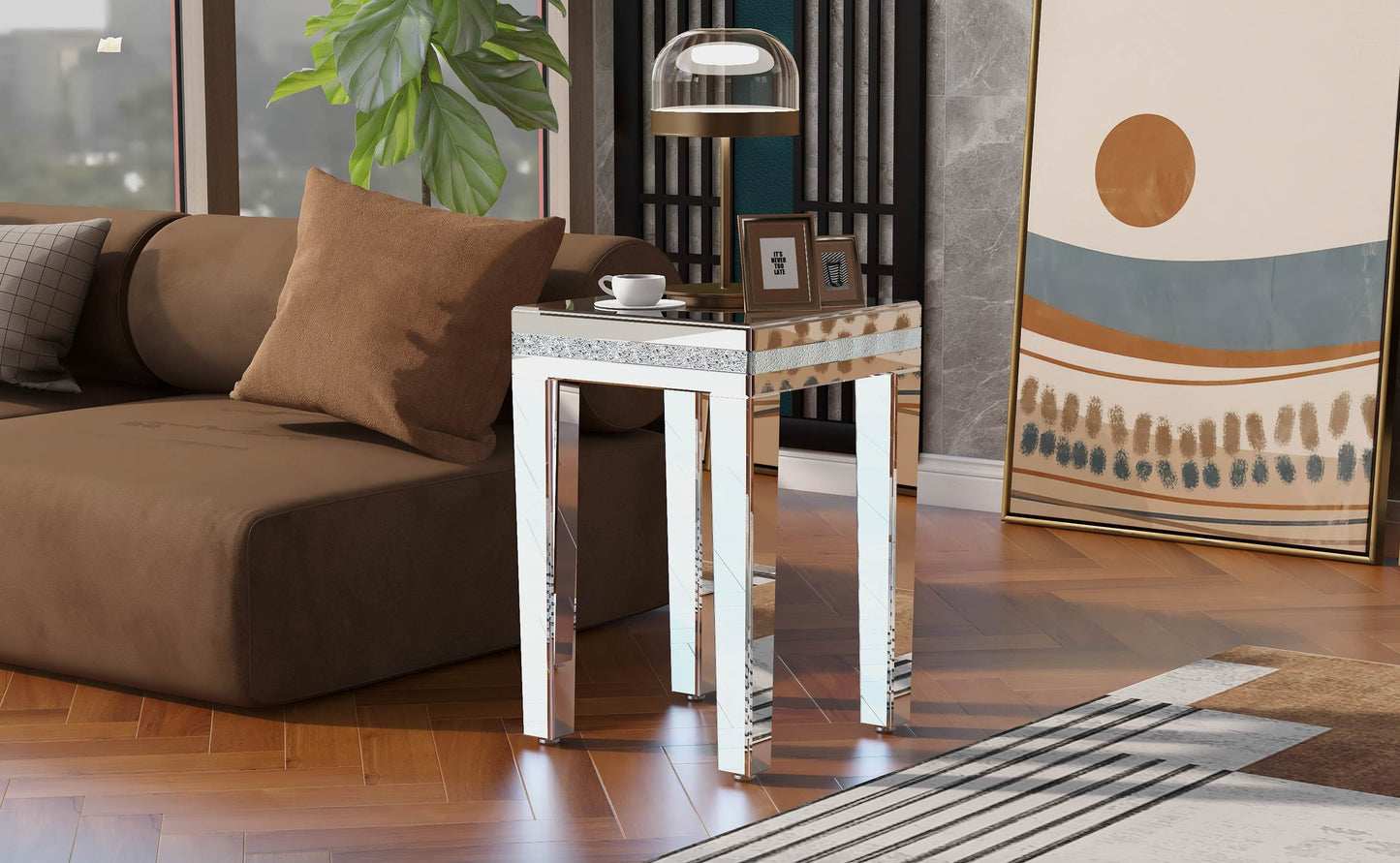 Fashionable Modern Glass Mirrored Side Table, Crystal Design, Adjustable Height Legs, Silver