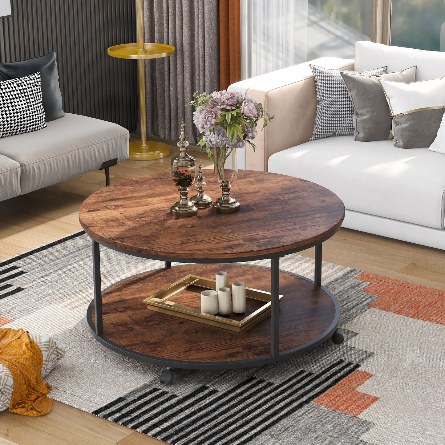 ON-TREND Round Coffee Table with Caster Wheels and Wood Textured Surface, Distressed Brown, φ35.5” for Living Room