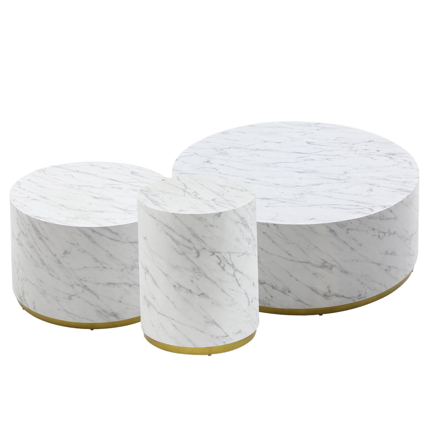 Set of 3 White Marble Pattern Round Coffee Tables: Fully Assembled Living Room Side & End Table Set - Elegant Design, Sturdy Construction, Ideal for Small Spaces - 220 letters.