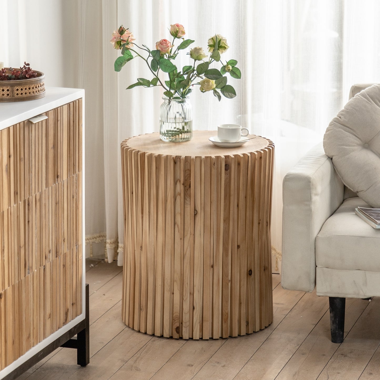 Retro Fashion Style Cylindrical Coffee Table with Vertical Texture Relief Design: Perfect for Living Room, Office, and Dining Room Décor - Available in Various Colors and Sizes!