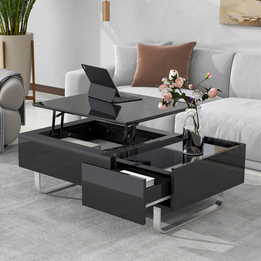 ON-TREND Multi-functional Coffee Table with Lifted Tabletop, Contemporary Cocktail Table, Metal Frame Legs, High-gloss Surface Dining Table for Living Room, Black