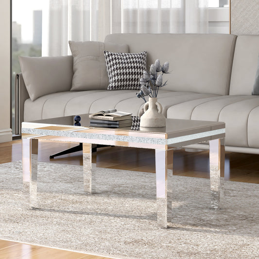 Fashionable Modern Glass Mirrored Coffee Table: Easy Assembly Cocktail Table with Crystal Design, Adjustable Height Legs - Silver