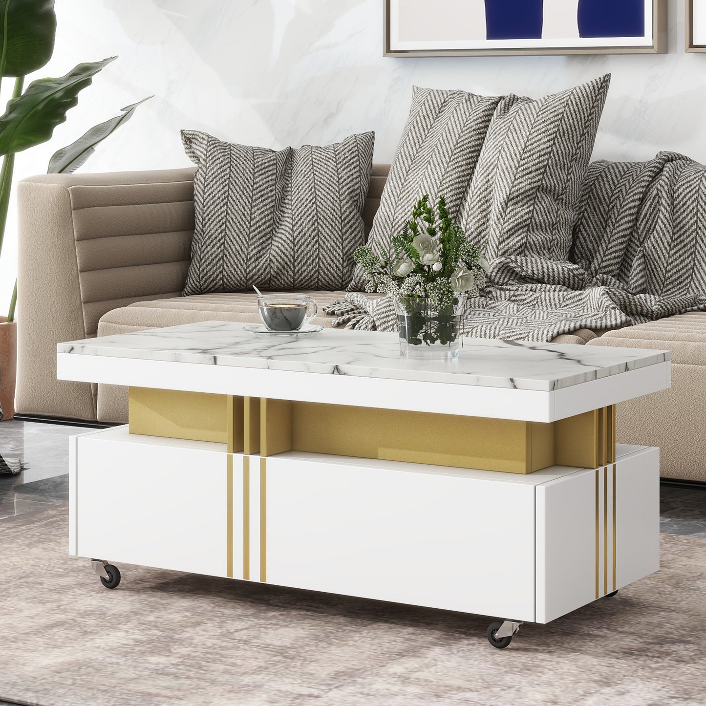 ON-TREND Contemporary Coffee Table, Rectangle Cocktail Table with Caster Wheels, Moderate Luxury Center Table with Gold Metal Bars, White Faux Marble Top, for Living Room