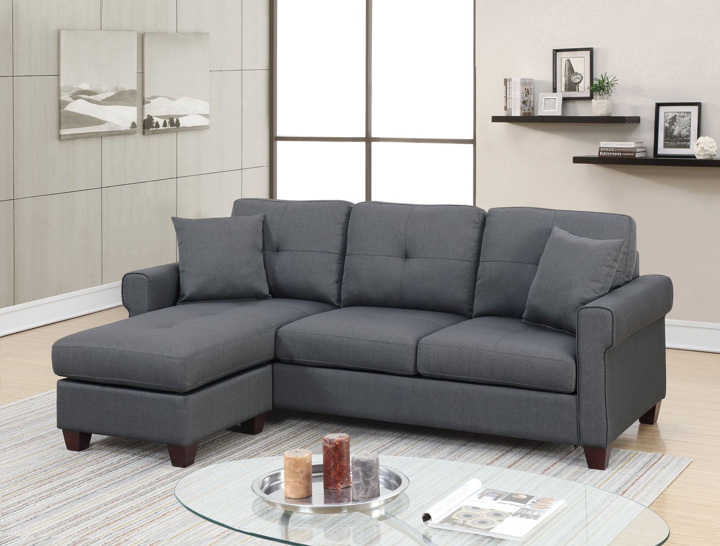 Charcoal Glossy Polyfiber Tufted Cushion Sectional Sofa Chaise: Reversible, Living Room Furniture, Size Options