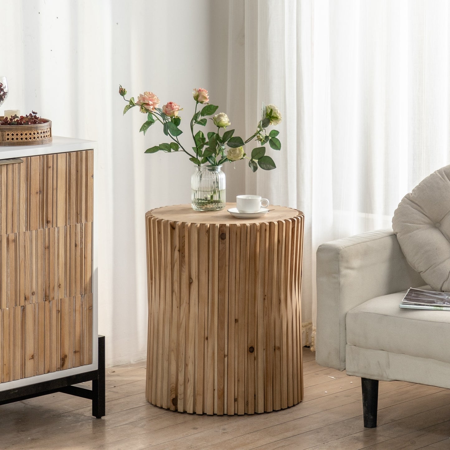 Retro Fashion Style Cylindrical Coffee Table with Vertical Texture Relief Design: Perfect for Living Room, Office, and Dining Room Décor - Available in Various Colors and Sizes!