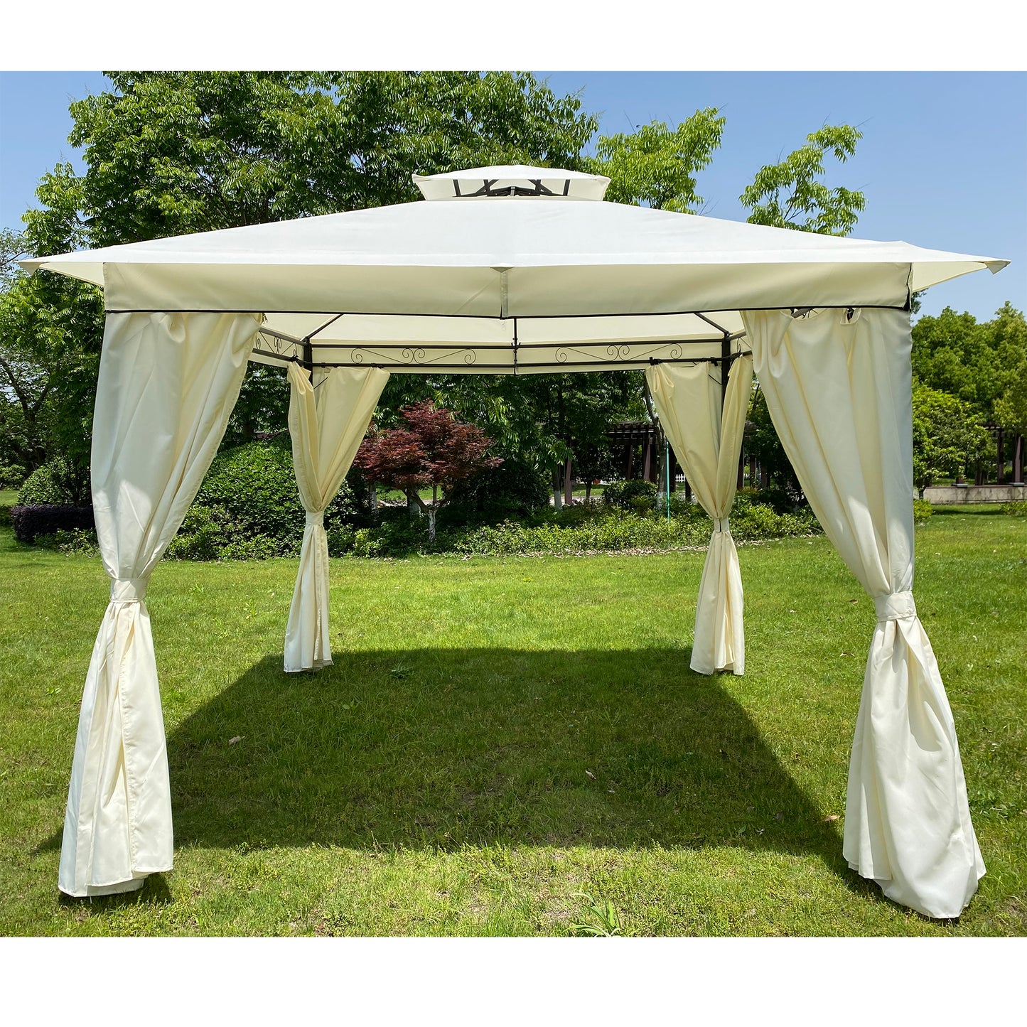 10x10 Ft Outdoor Patio Garden Gazebo Tent, Outdoor Shading, Canopy with Curtains, Beige