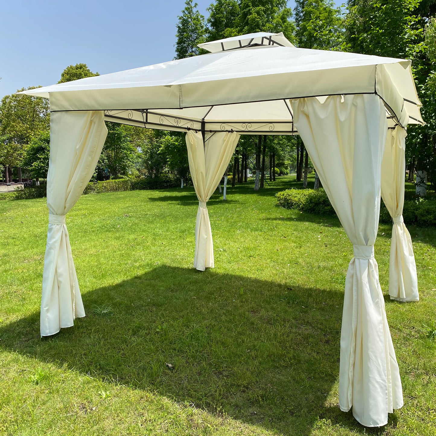 10x10 Ft Outdoor Patio Garden Gazebo Tent, Outdoor Shading, Canopy with Curtains, Beige