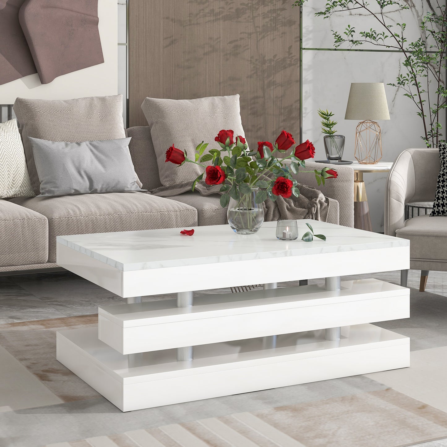 ON-TREND 2-Tier Coffee Table: Silver Metal Legs, Rectangle Cocktail Table with High-gloss UV Surface, Minimalist Design Center Table for Living Room, White