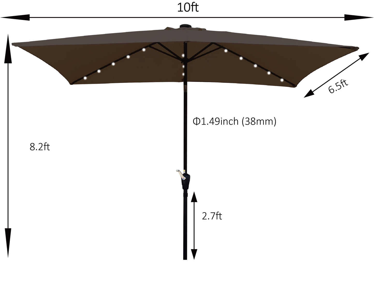 10 x 6.5t Rectangular Patio Umbrella - Solar LED Lighted Outdoor Market Table Waterproof Umbrellas - Crank, Push Button Tilt - Garden Deck Backyard Pool Shade - Outside Deck Swimming Pool - Black