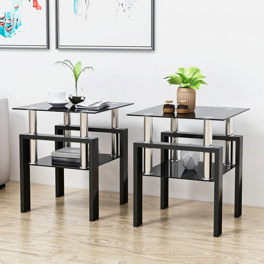 Set of 2 Modern Tempered Glass Tea Table Coffee Table End Table for Living Room, Black, Square