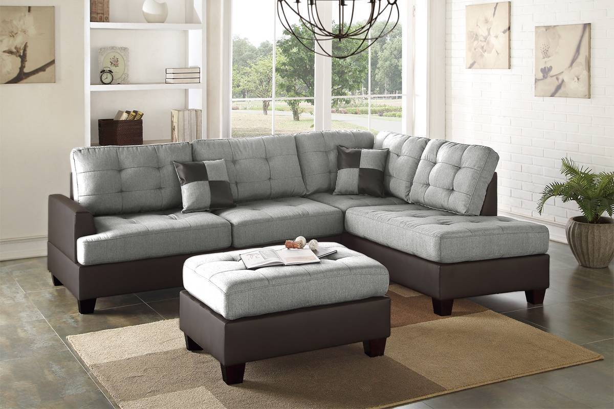 Contemporary Grey Polyfiber Linen Sectional Sofa with Reversible Chaise, Ottoman, and Cushioned Tufted Design - 3pc Set for Living Room Furniture with Pillows