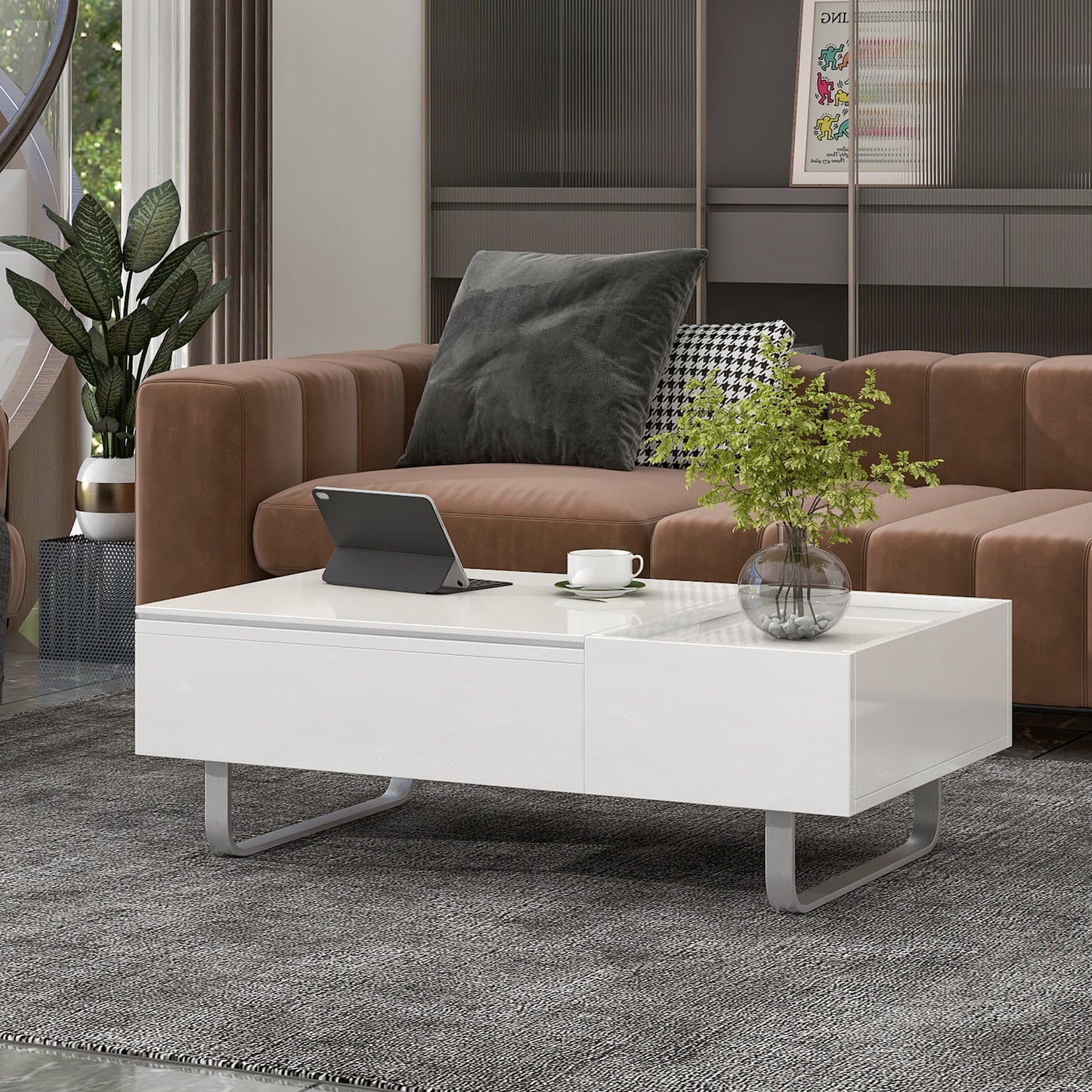 ON-TREND Multi-functional Coffee Table with Lifted Tabletop, Metal Frame Legs, High-gloss Surface, White