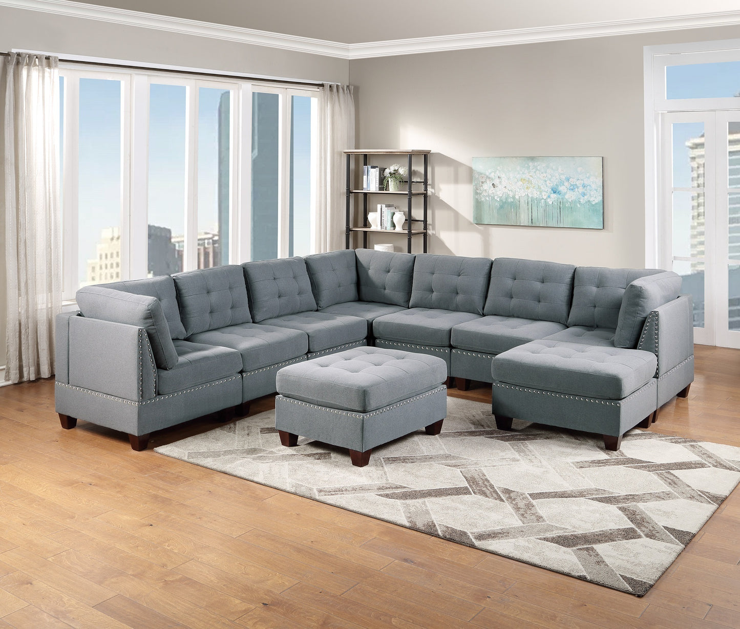 Modular Sectional 9pc Set Gray Linen-Like Fabric Living Room Furniture - Tufted Nail heads, Corner Sectional, 3x Corner Wedge, 4x Armless Chairs, 2x Ottomans