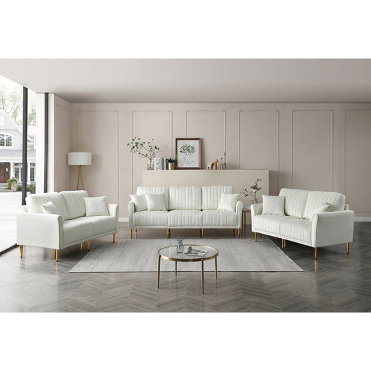 Modern Upholstered Sofa 3 Seater & 2 Seater Couches for Living Room Sectional Sofas with Throw Pillows and Gold Metal Legs, Cream Velvet