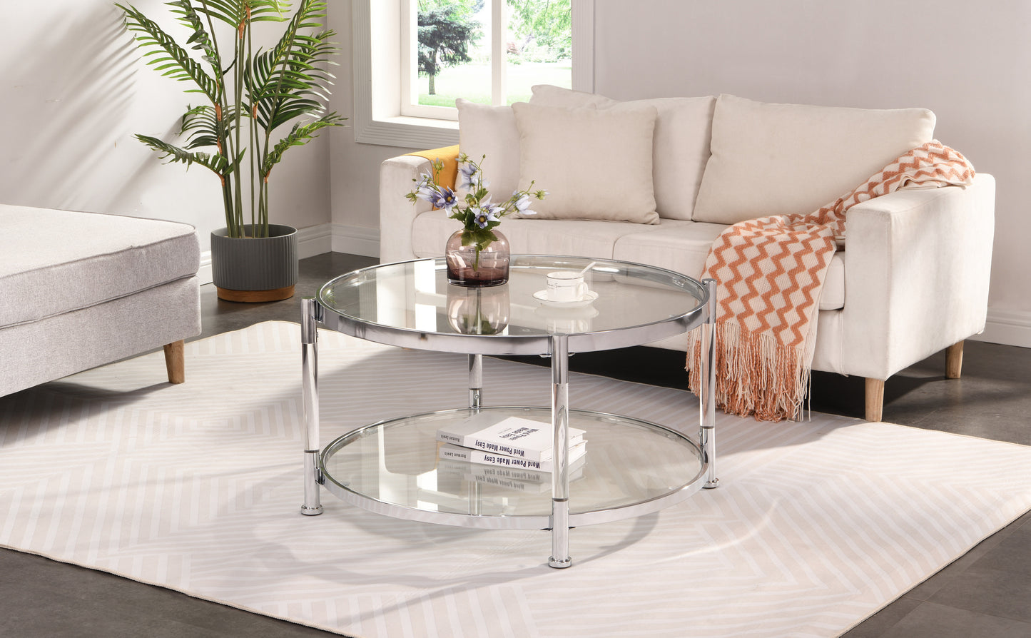 Contemporary Acrylic Coffee Table - Round Tempered Glass, Chrome/Silver Finish - Ideal for Living Room Décor - 32.3'' Size