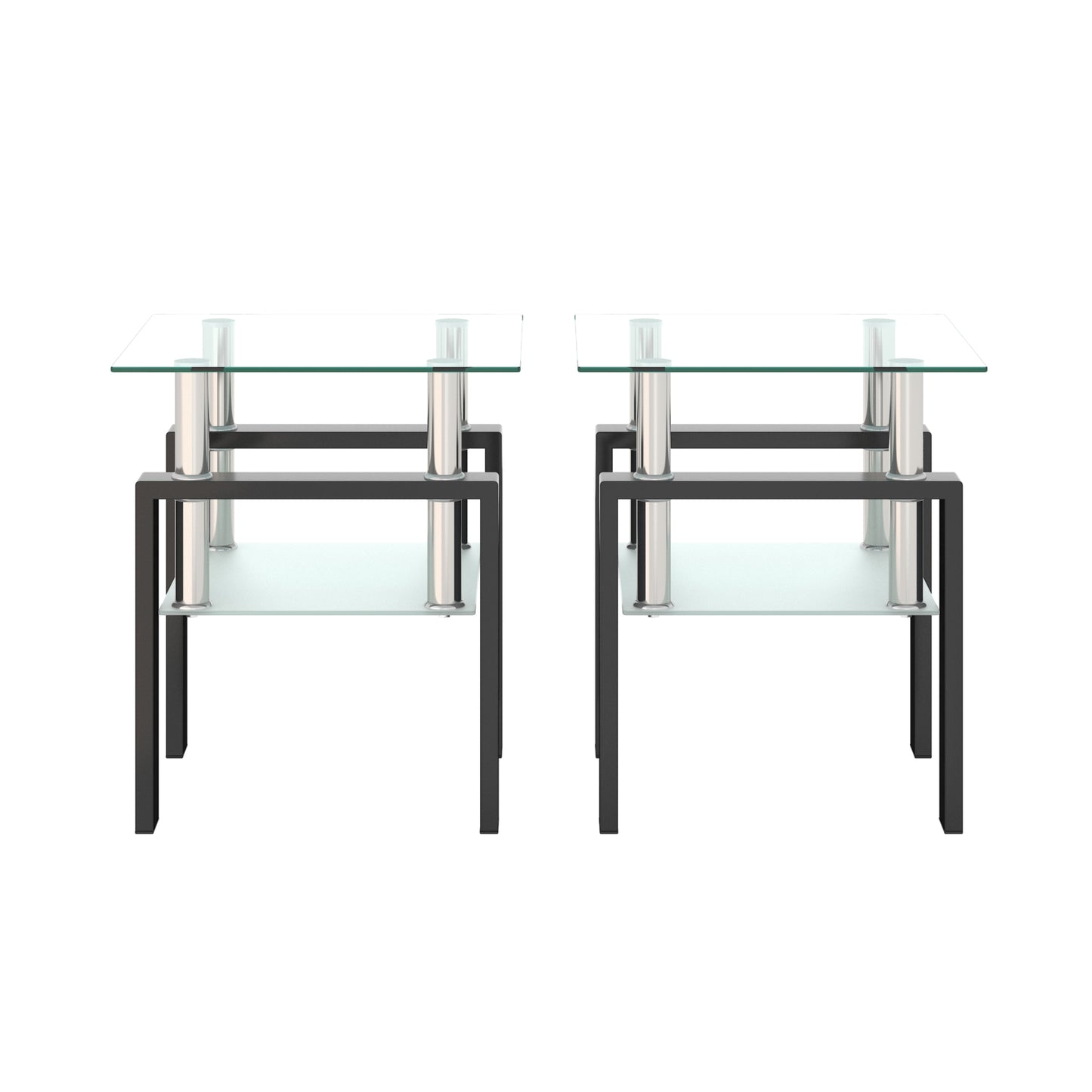 Set of 2 Modern Tempered Glass Tea Coffee End Table, Square Table for Living Room, Transparent/Black, Stylish & Functional