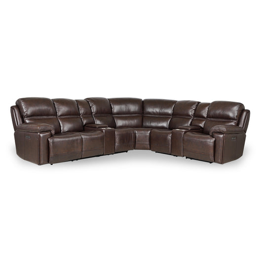 Timo Top Grain Leather Modular Power Sectional Sofa | Adjustable Headrest | Cross Stitching | Sectional 4 | Brown