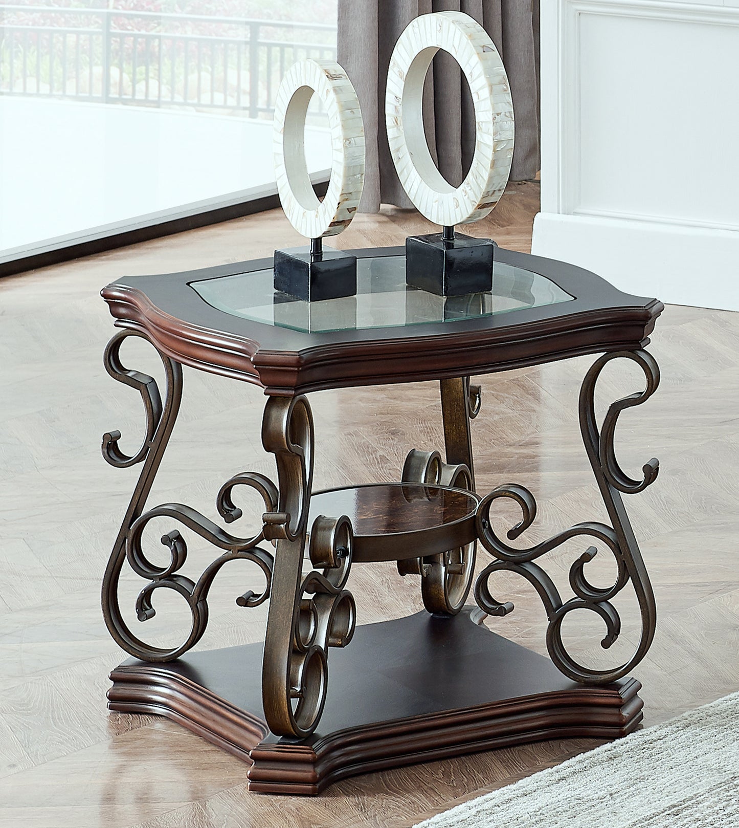 Glass Top End Table with MDF Marble Shelf & Metal Legs - Powder Coat Finish | 26.3"Lx26.3"Wx24"H