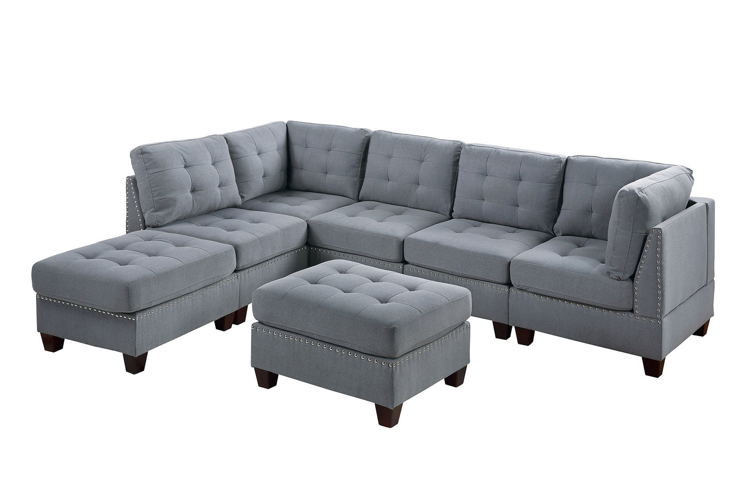 Contemporary Modular Sectional 7pc Set - Gray Linen Like Fabric, Tufted, Nail heads, Corner L-Sectional, 2x Corner Wedge, 3x Armless Chair, 2x Ottoman