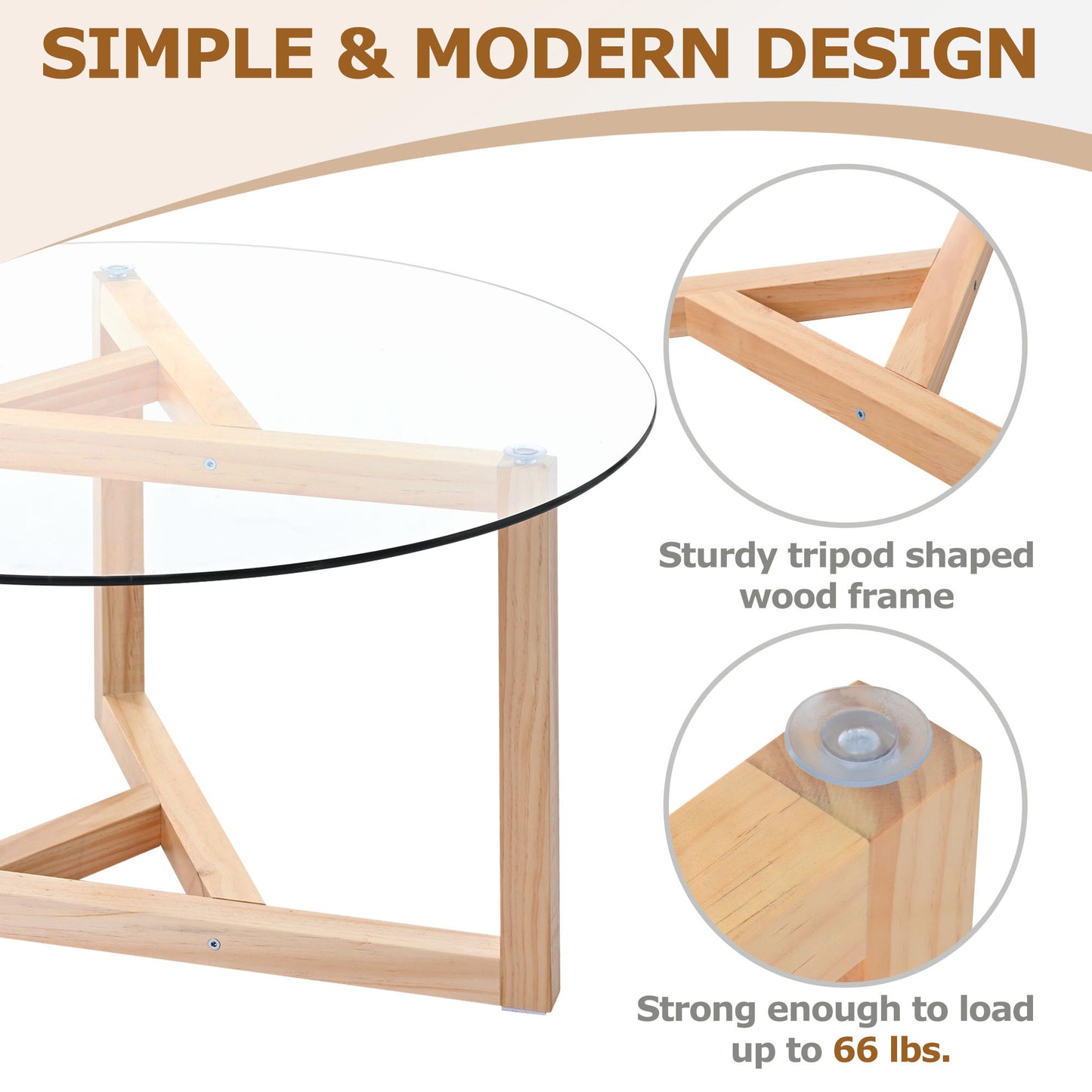 ON-TREND Round Glass Coffee Table with Tempered Glass Top & Sturdy Wood Base, Natural - Modern Cocktail Table, Easy Assembly,  (WF190112AAL)