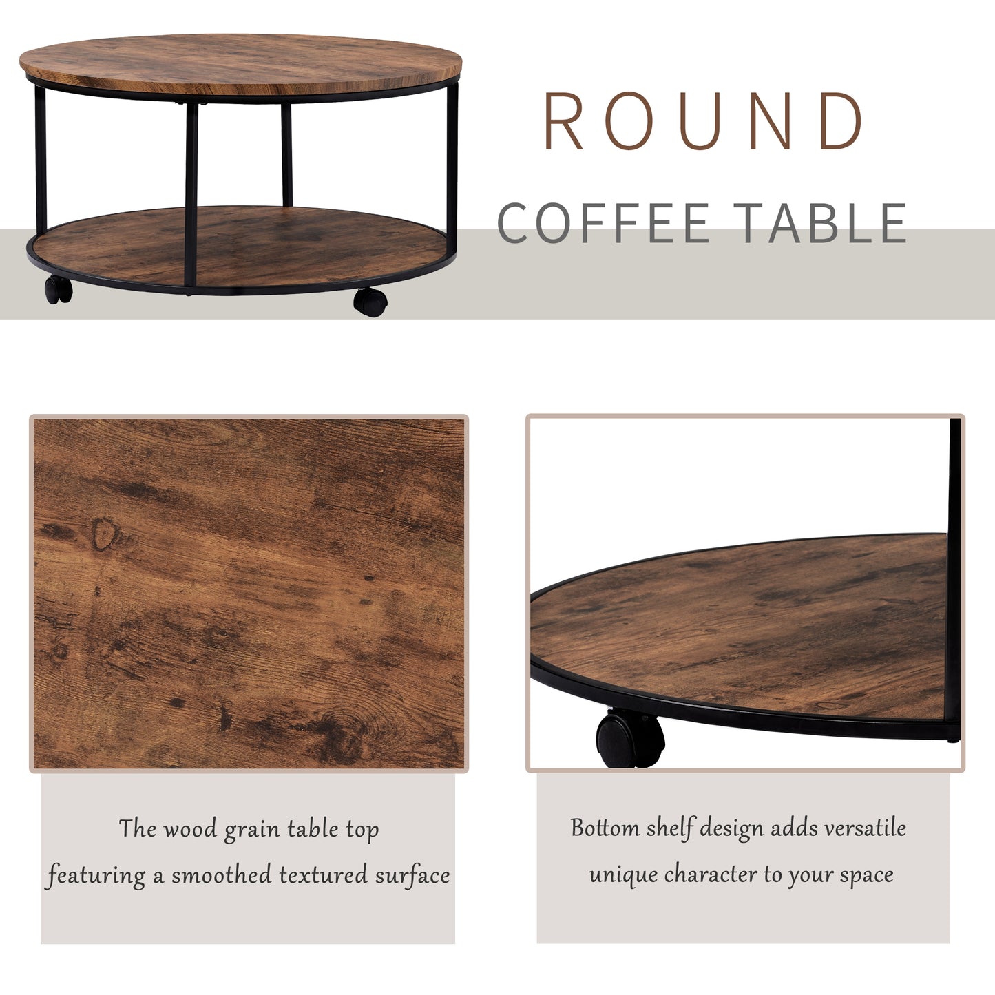 ON-TREND Round Coffee Table with Caster Wheels and Wood Textured Surface, Distressed Brown, φ35.5” for Living Room