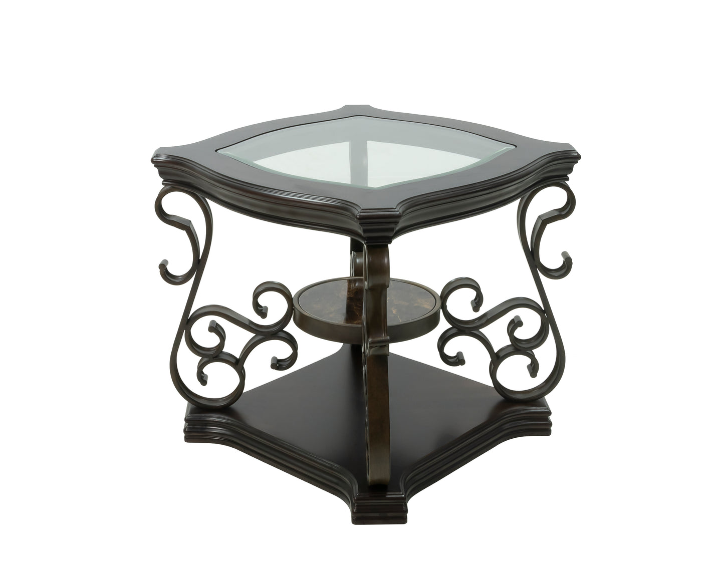 Glass Top End Table with MDF Marble Shelf & Metal Legs - Powder Coat Finish | 26.3"Lx26.3"Wx24"H