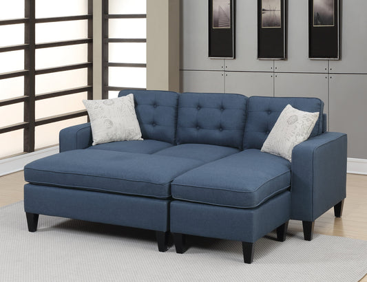 Reversible Navy Tufted 3pc Sectional Sofa Set with Wood Legs, Chaise, Ottoman, Pillows, and Cushion Couch