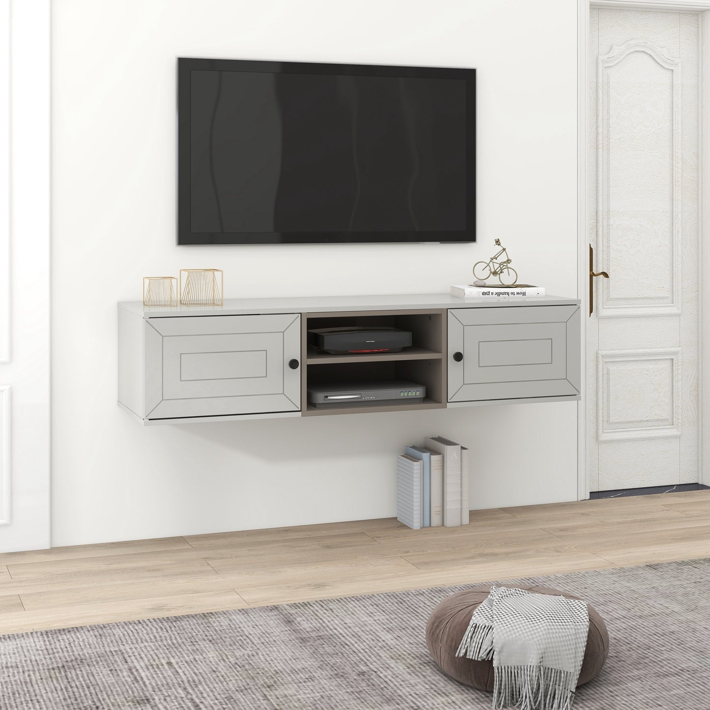 Wall Mounted 60" Floating TV Stand with Large Storage Space, Adjustable Shelves, Magnetic Cabinet Door, Cable Management - Stylish and Functional Entertainment Solution