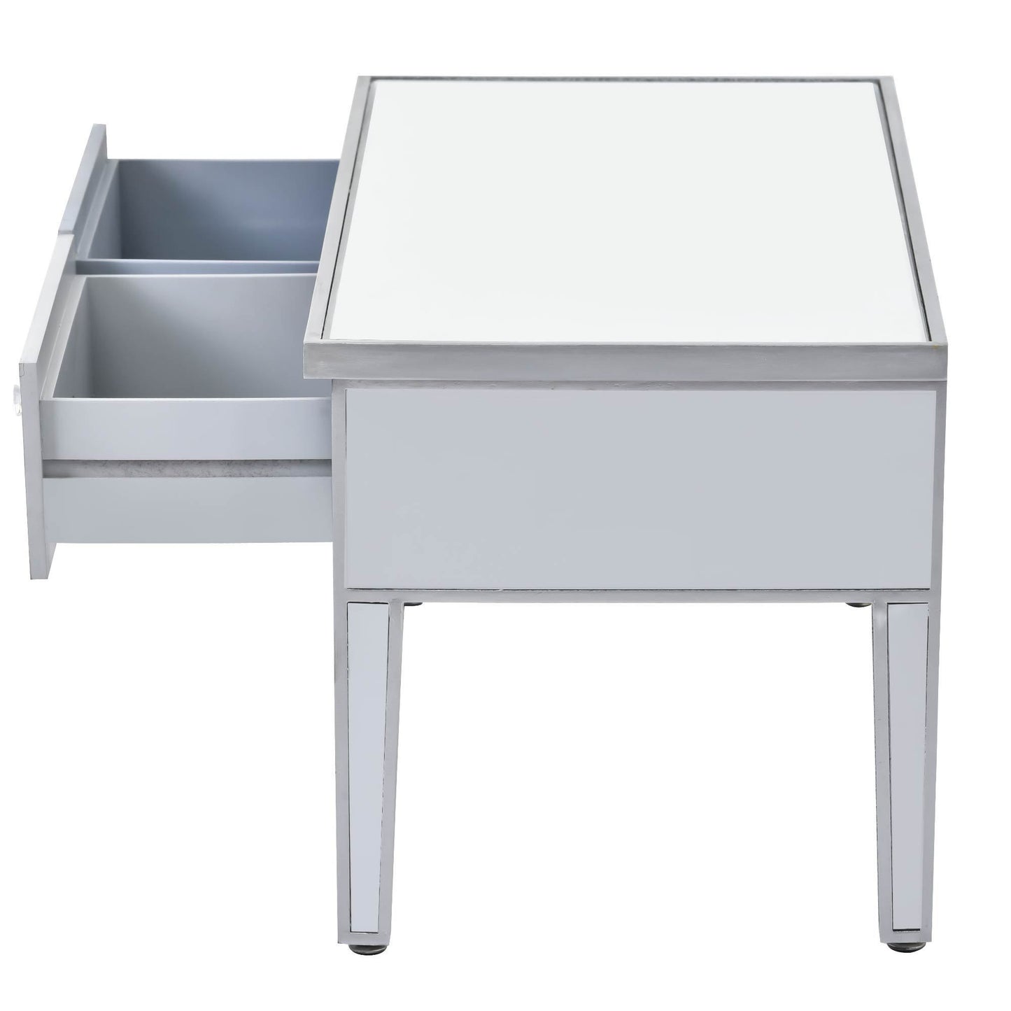 ON-TREND Glass Mirrored Coffee Table with 2 Drawers, Crystal Handles & Adjustable Height Legs for Living Room, Silver