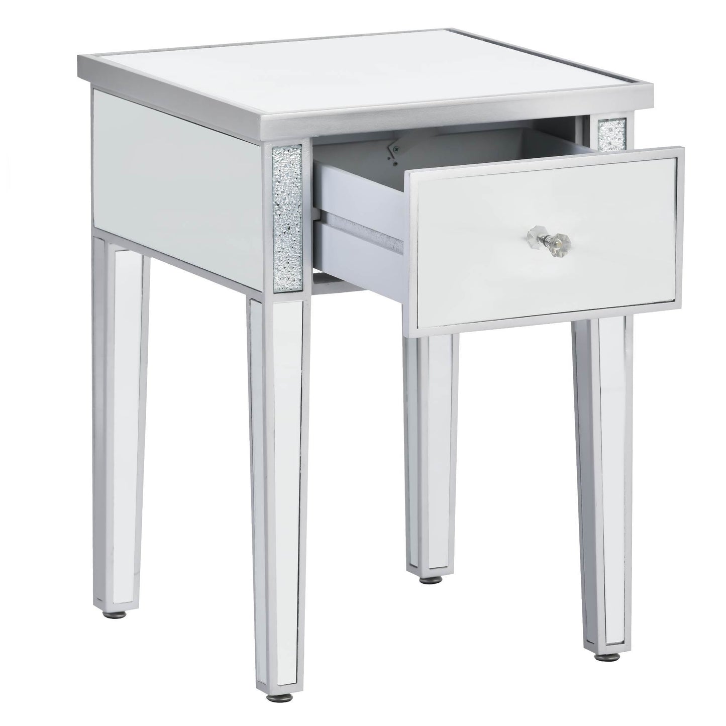 ON-TREND Modern Glass Mirrored End Table with Drawer, Crystal Handles, Adjustable Height Legs - Silver