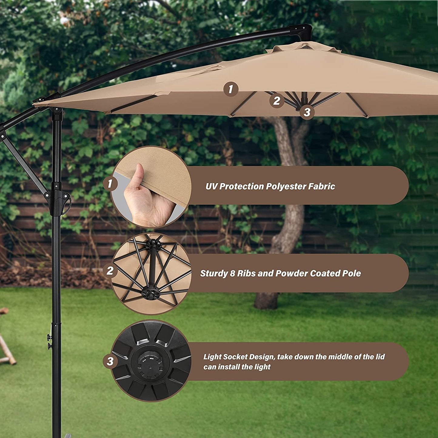 10ft Offset Umbrella Cantilever Patio Hanging Umbrella Outdoor Market with Crank & Cross Base - Ideal for Garden, Lawn, Backyard, and Deck - Tan Color