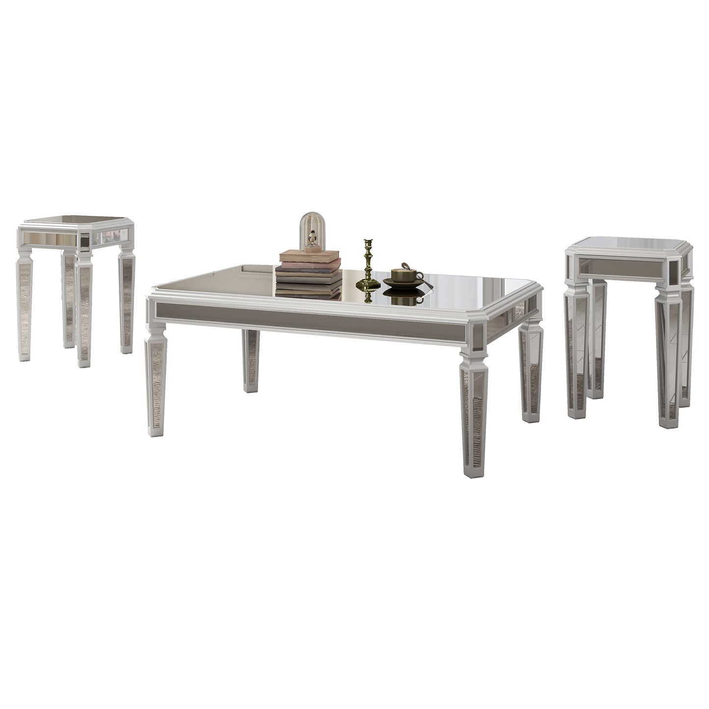 Contemporary Mirrored 3-Piece Coffee and End Tables Set with Adjustable Height Legs - Easy Assembly, Moderate Luxury Center Table for Living Room - Silver