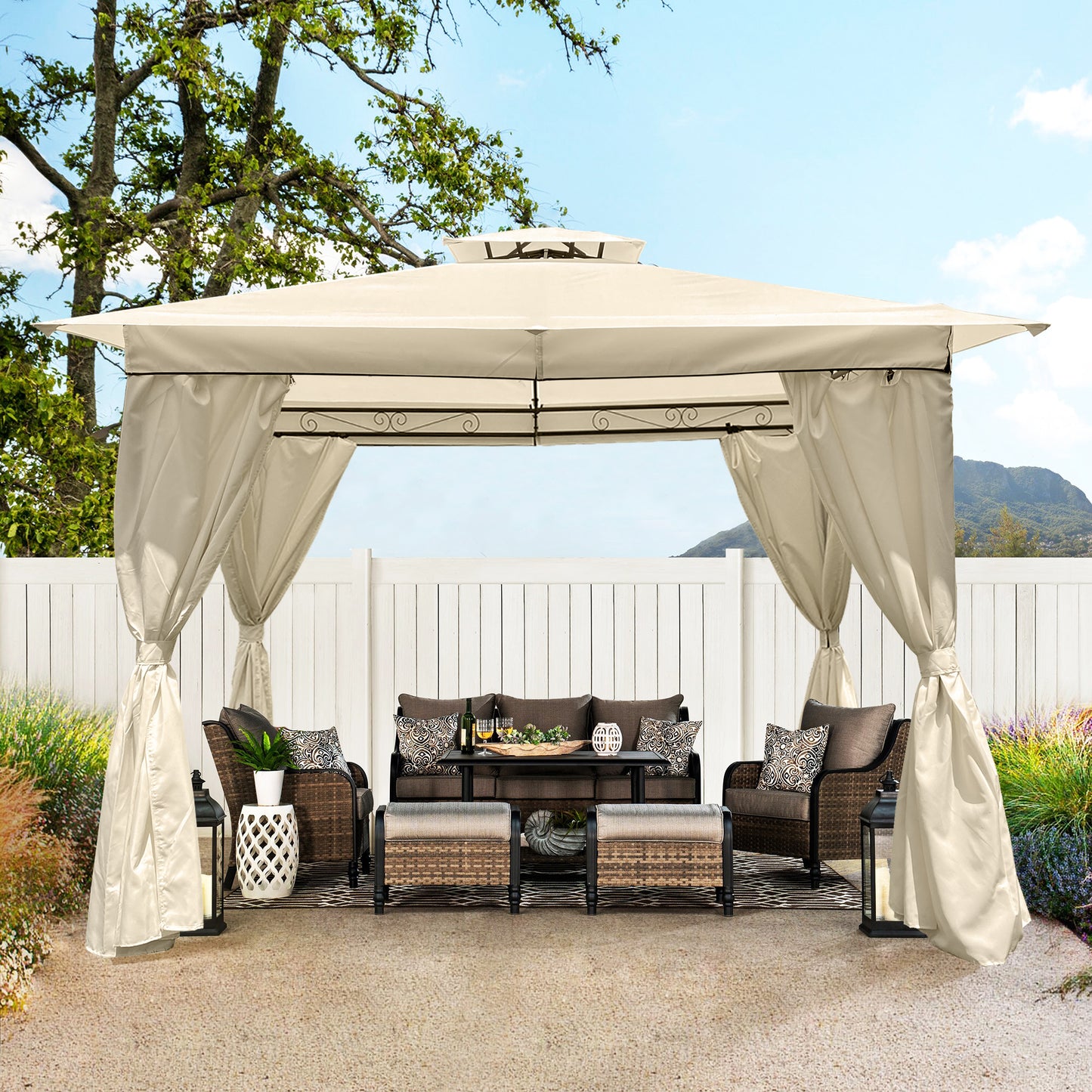 10x10 Ft Outdoor Patio Garden Gazebo Tent, Outdoor Shading, Canopy with Curtains, Beige