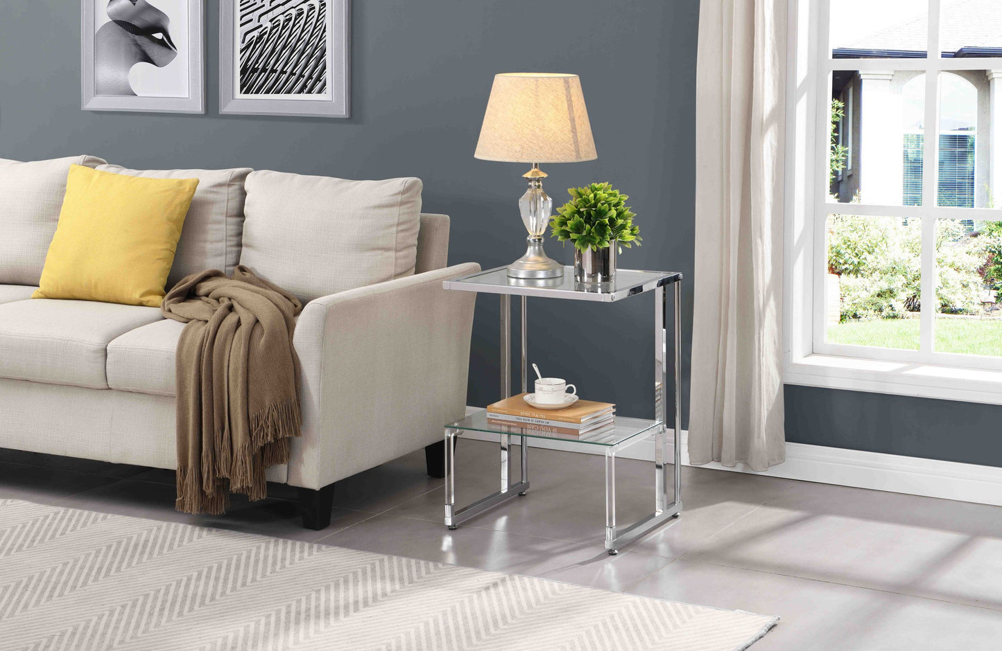 Silver Chrome Side Table, 2-Tier Acrylic Glass End Table for Living Room & Bedroom - Modern Design, Sturdy Construction, Sleek Silver Finish, Space-Saving, Versatile Furniture