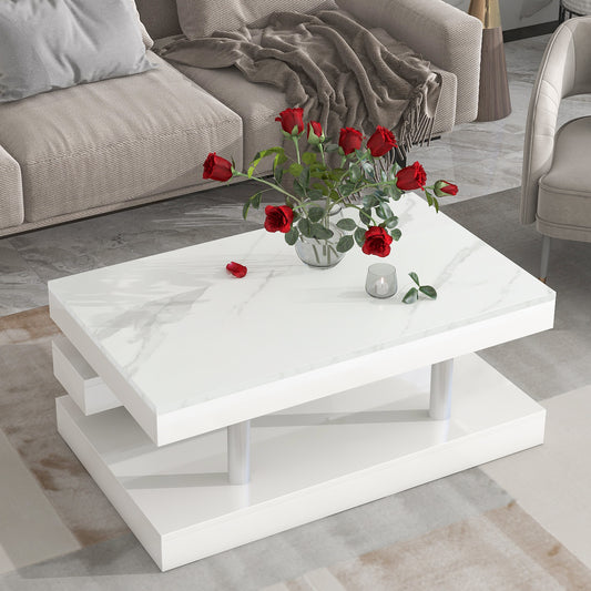 ON-TREND 2-Tier Coffee Table: Silver Metal Legs, Rectangle Cocktail Table with High-gloss UV Surface, Minimalist Design Center Table for Living Room, White