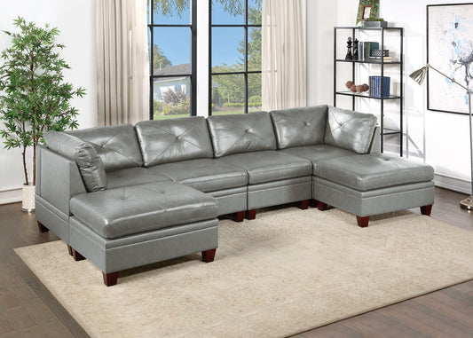 Genuine Leather Sectional Sofa Chair Ottomans 6pc Set - Grey Tufted Couch, Living Room Furniture