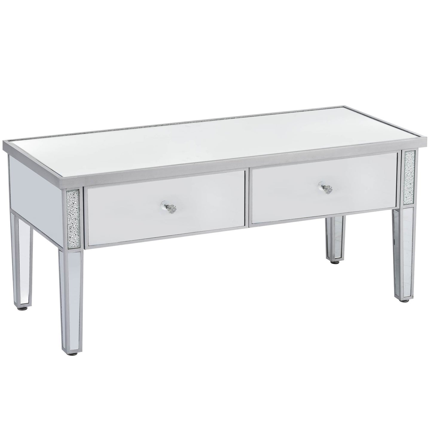 ON-TREND Glass Mirrored Coffee Table with 2 Drawers, Crystal Handles & Adjustable Height Legs for Living Room, Silver