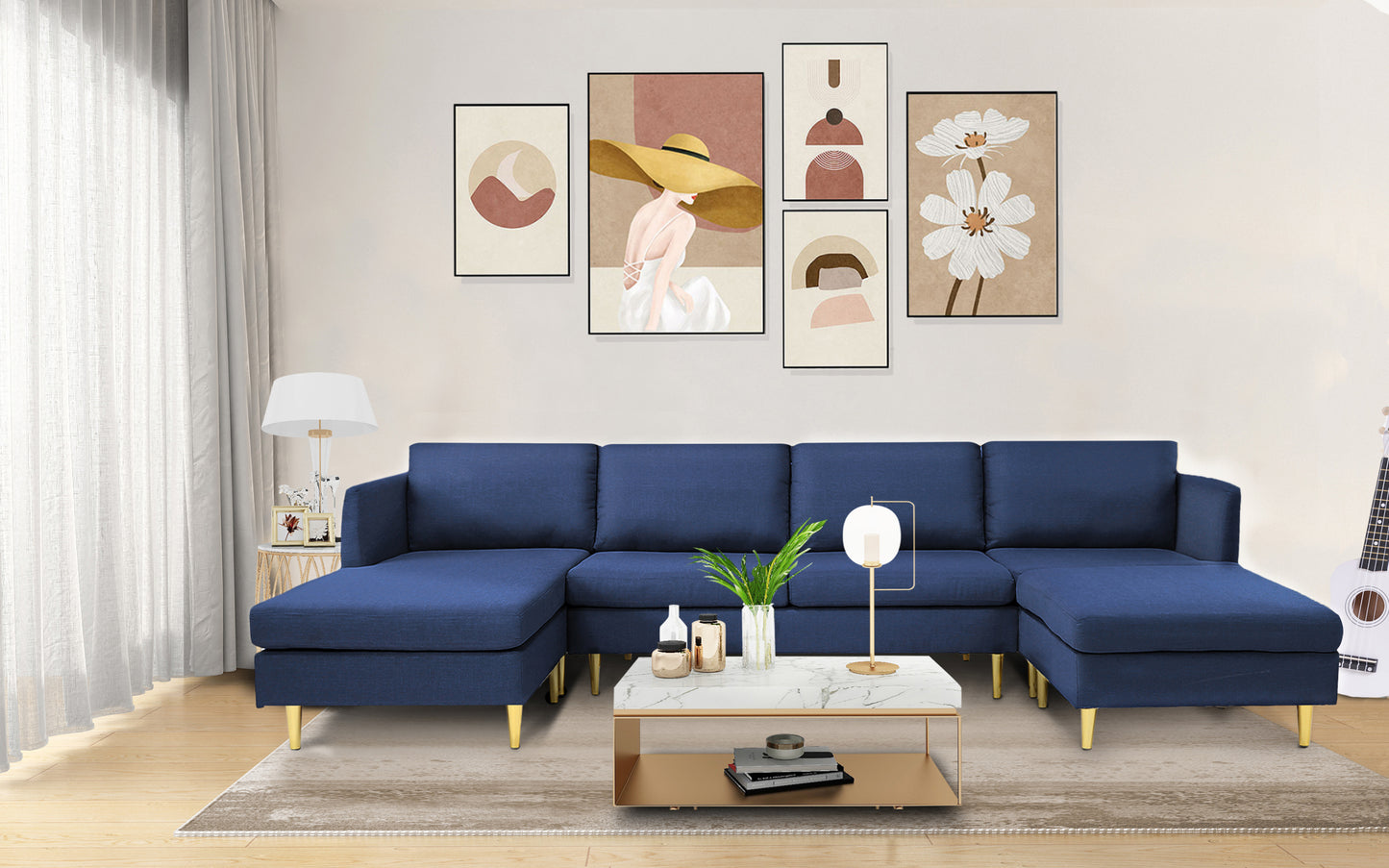 Modern Convertible Sectional Sofa Blue Polyester - Versatile and Stylish Furniture for Your Living Space