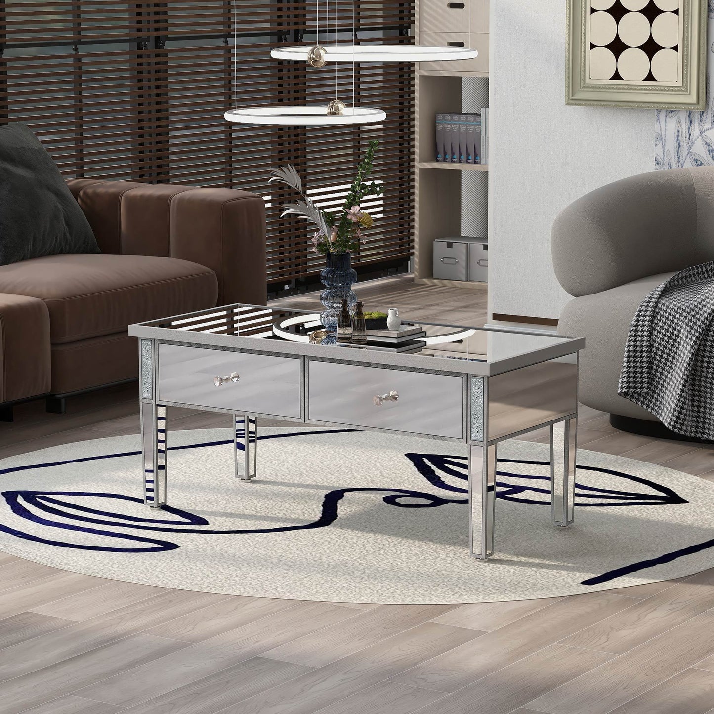 ON-TREND Glass Mirrored Coffee Table with 2 Drawers, Crystal Handles & Adjustable Height Legs for Living Room, Silver