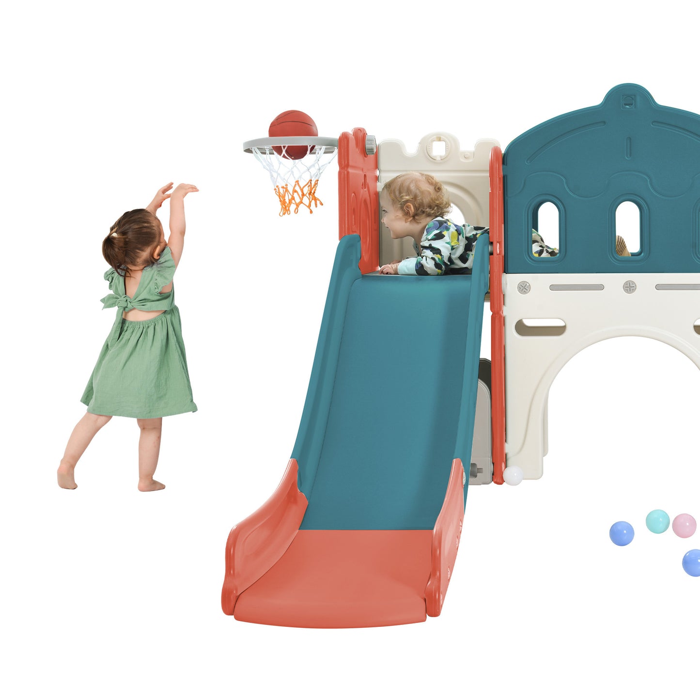 Kids Slide Playset Structure: Freestanding Castle Climber with Slide and Basketball Hoop - Toy Storage Organizer for Toddlers - Indoor/Outdoor Kids Climbers Playhouse for Playground Activity - Color & Size Options Available