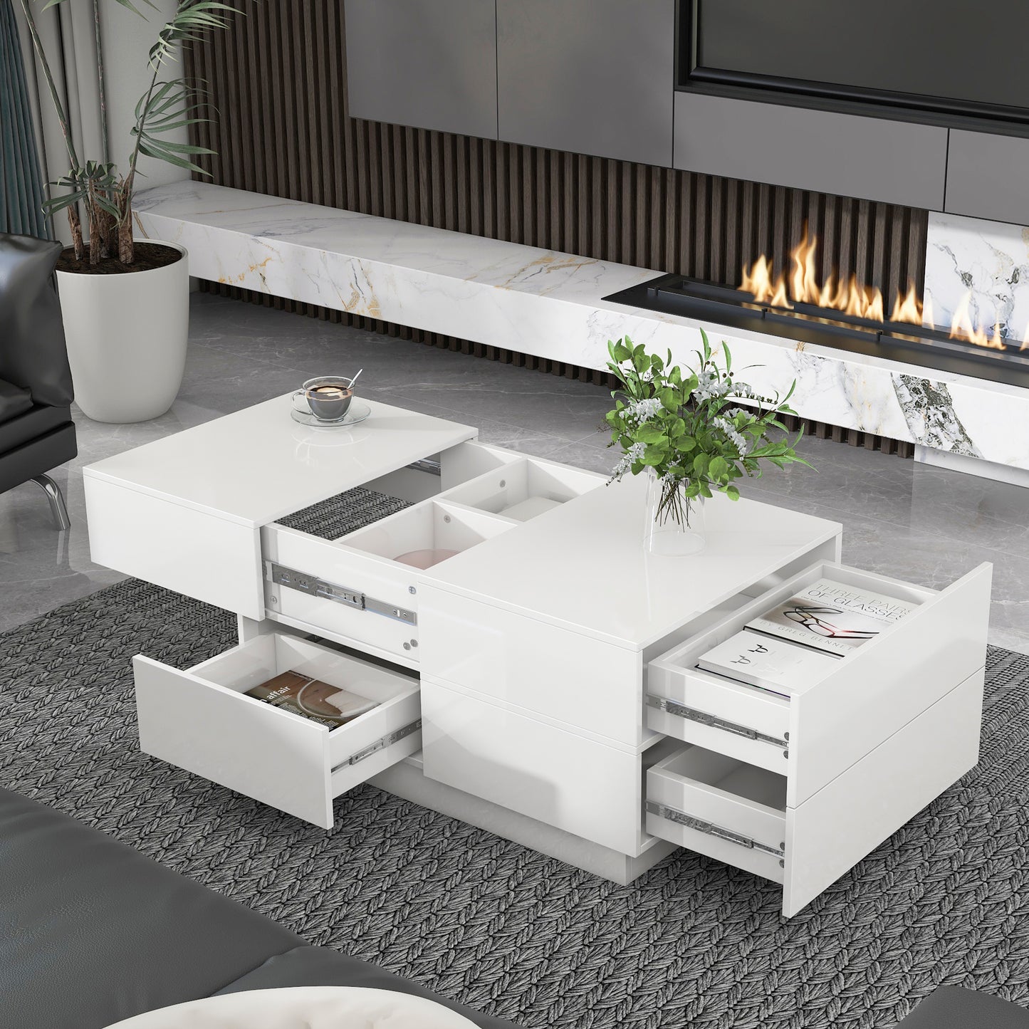 ON-TREND Extendable Coffee Table with 4 Drawers, Hidden Storage, UV High-gloss, Sliding Top - White, 35.4"x 23.6"