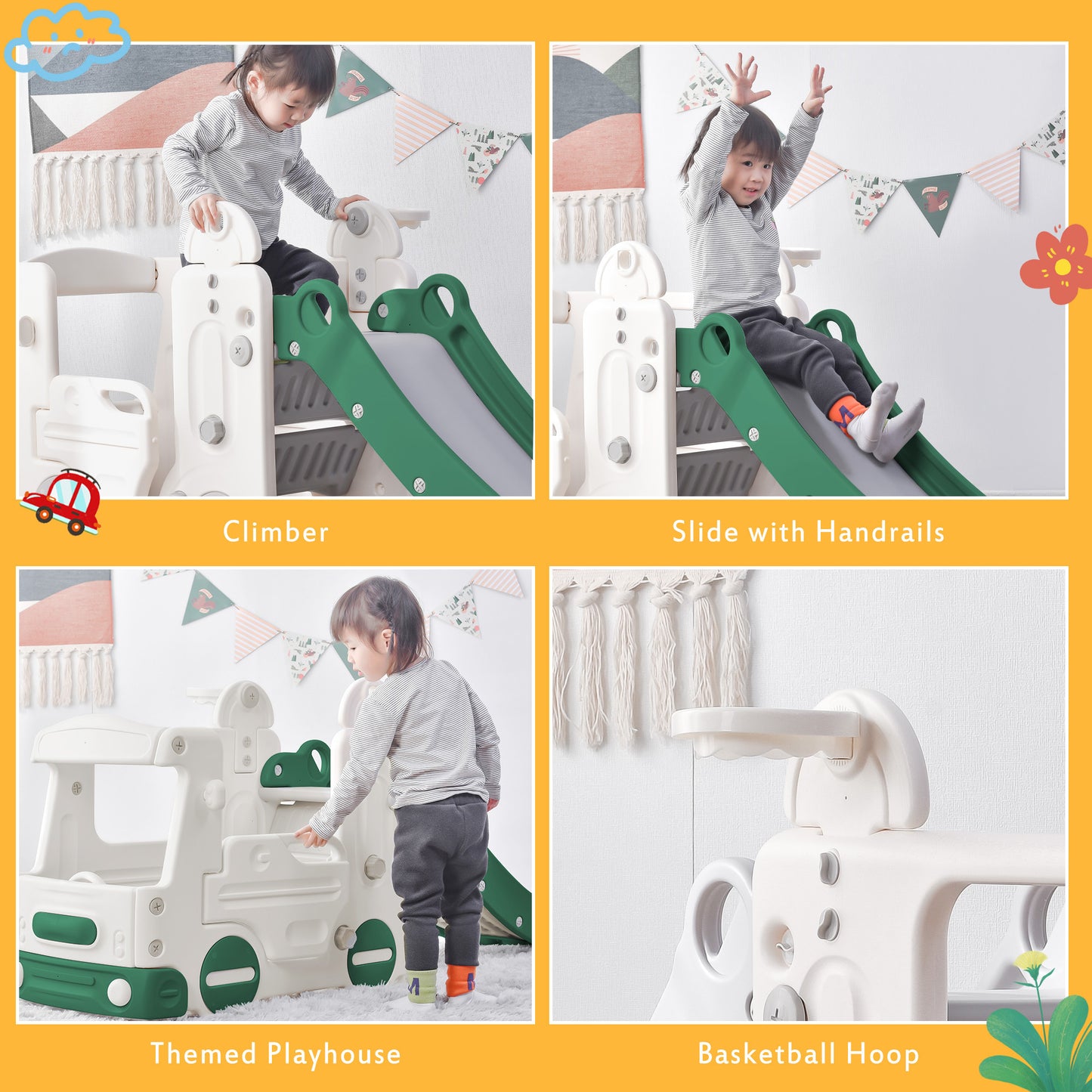 Kids Slide with Bus Play Structure Climber, Freestanding, Basketball Hoop, Slide Set - Ideal for Toddlers, Indoor & Outdoor Fun!