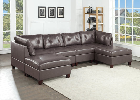 Genuine Leather Dark Coffee Tufted 6pc Sectional Set - Corner Wedge, Armless Chair, Ottomans - Living Room Furniture Sofa Couch