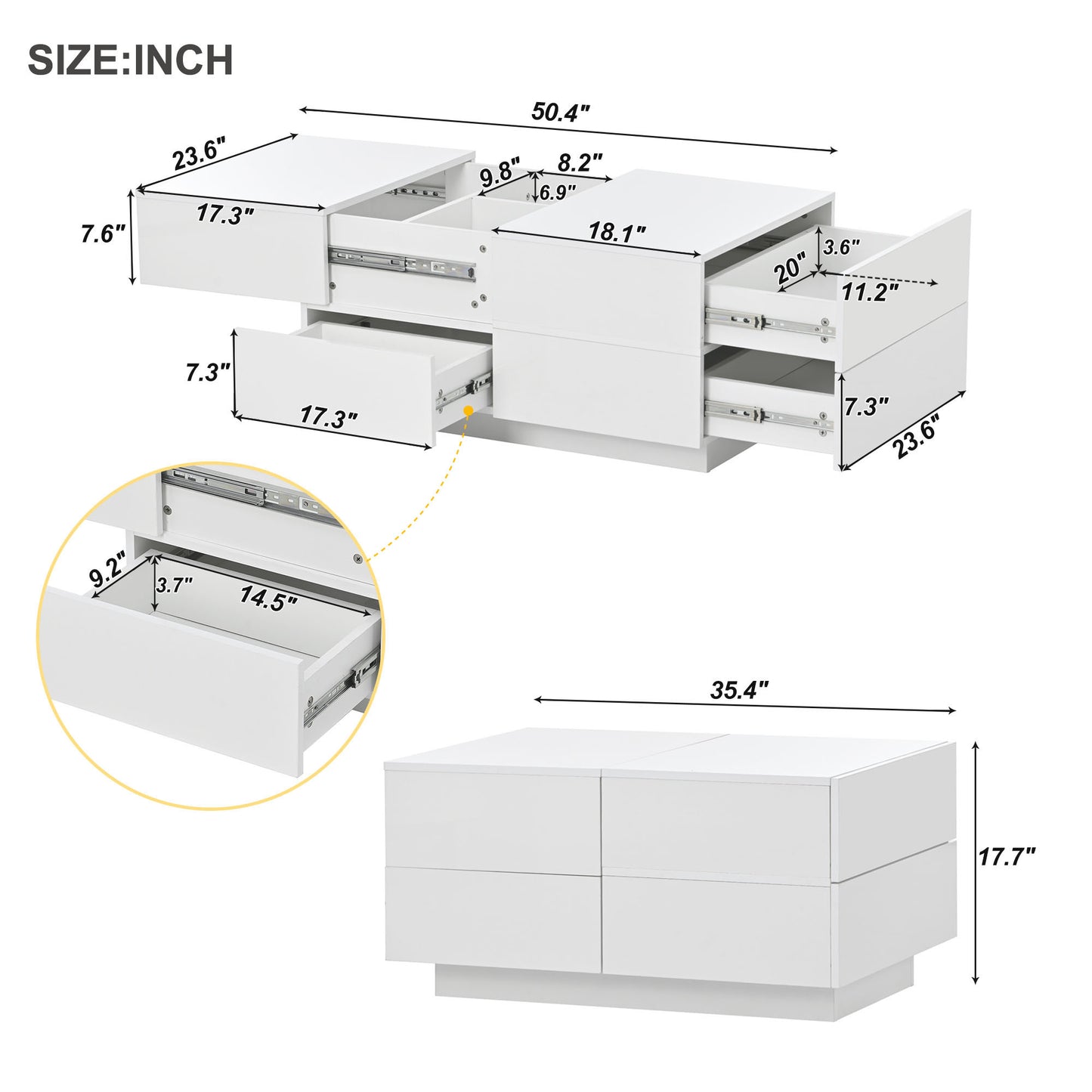 ON-TREND Extendable Coffee Table with 4 Drawers, Hidden Storage, UV High-gloss, Sliding Top - White, 35.4"x 23.6"