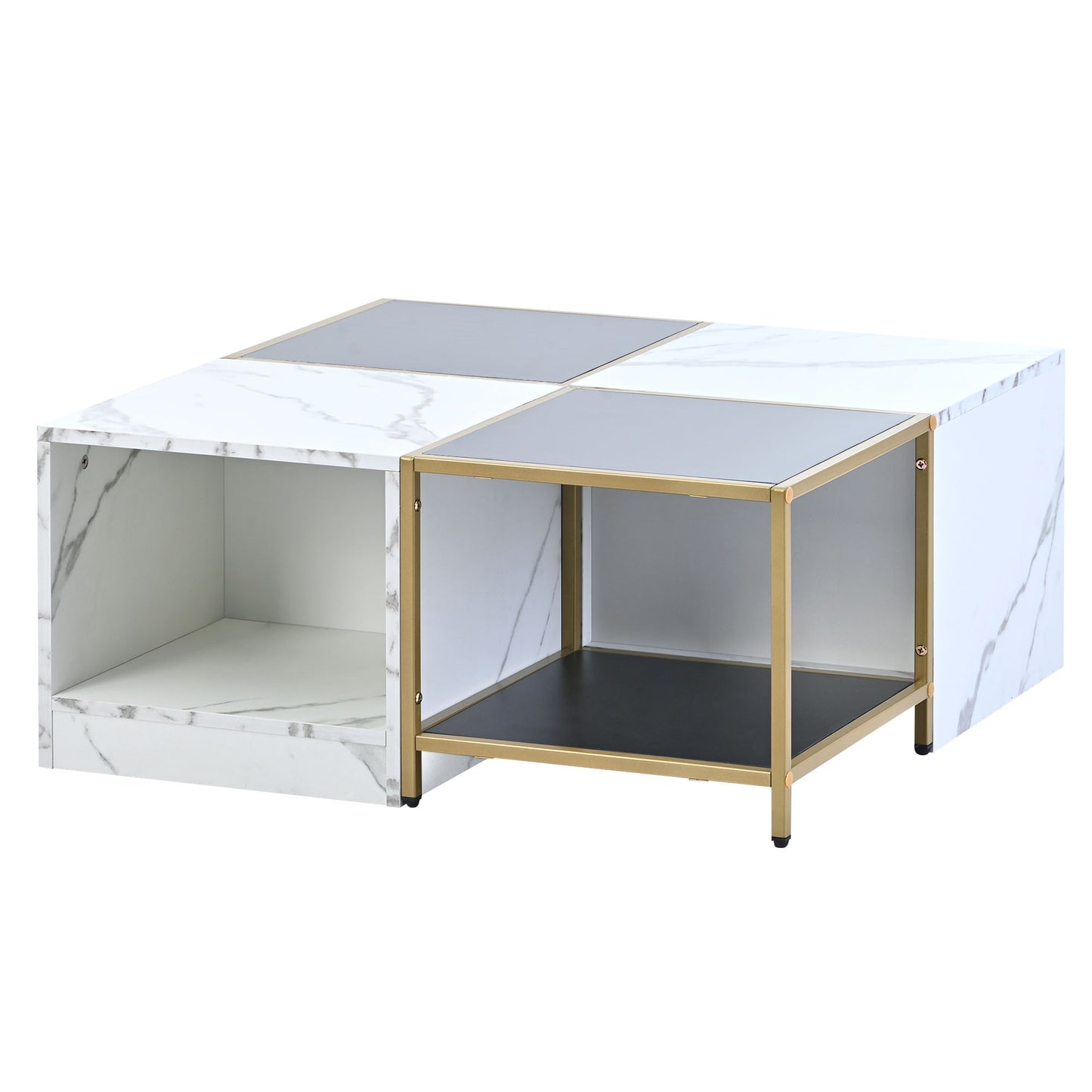 Modern 2-Layer Coffee Table with Metal Frame, High Gloss White Marble Finish | Simply Assemble, Square Corner Tables for Living Room | 31.5”x 31.5”