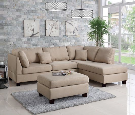 3pcs Reversible Chaise Sofa & Ottoman Set - Sand Color Polyfiber Linen Fabric Cushion Couch - Sectional Living Room Furniture