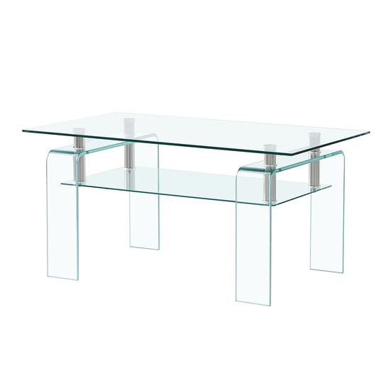 Rectangle Clear Glass Coffee Table, Modern 2-Tier Storage Center, Tempered Glass Tea Table for Living Room