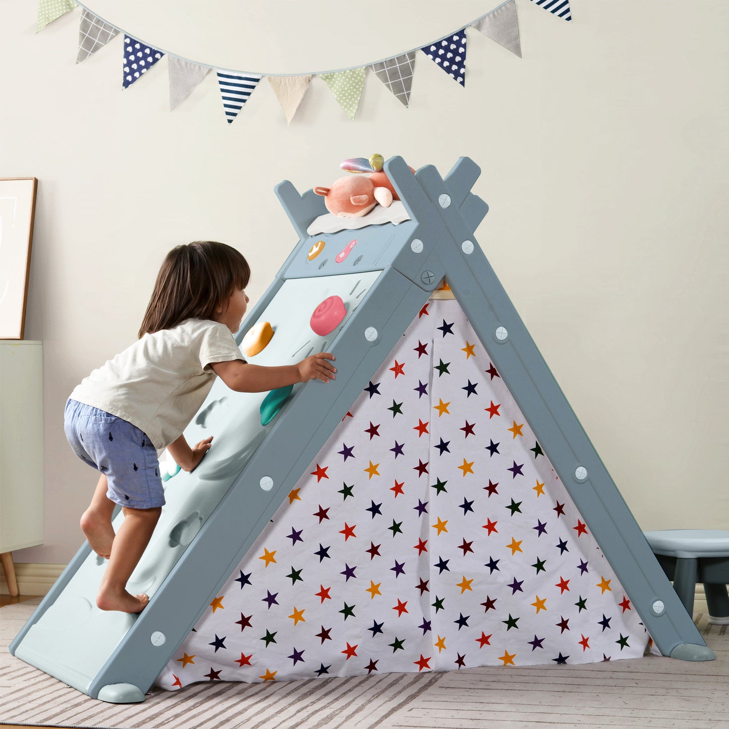 Kids Play Tent - 4-in-1 Teepee Tent with Stool and Climber, Foldable Playhouse Tent for Boys & Girls - Multi-Functional, Portable, and Durable - Enhance Imaginative Play - Suitable for Indoor and Outdoor Use - Available in Various Colors and Sizes